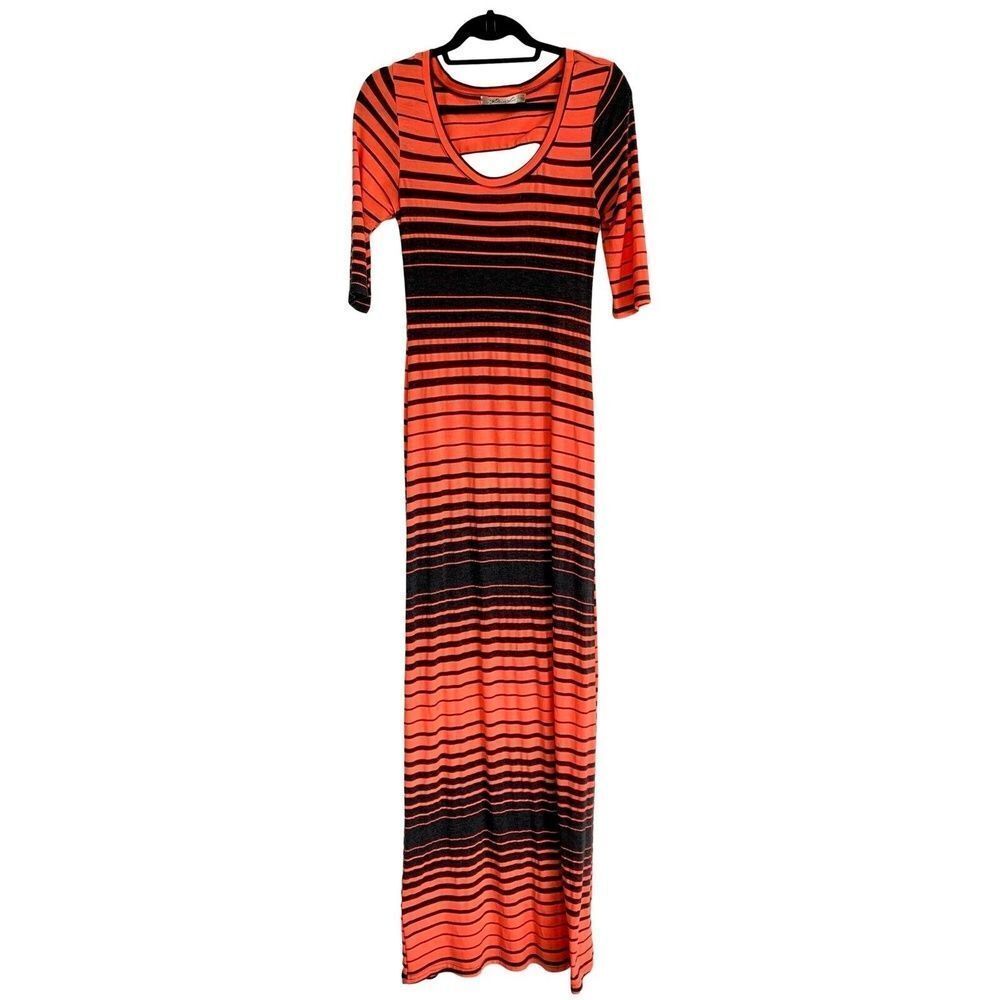 Liberty Love Womens Maxi Dress Pink Gray Striped Short Sleeve Scoop Neck S